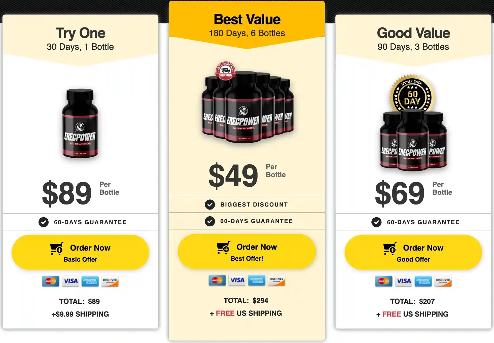 ErecPower Pricing — 6-Bottle Best Value — Free US Shipping — 60-Day Guarantee